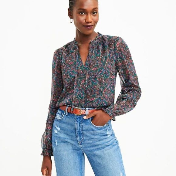 LOFT Tops - LOFT Shimmer Paisley Smocked Ruffle Tie Neck Blouse Womens Size XL